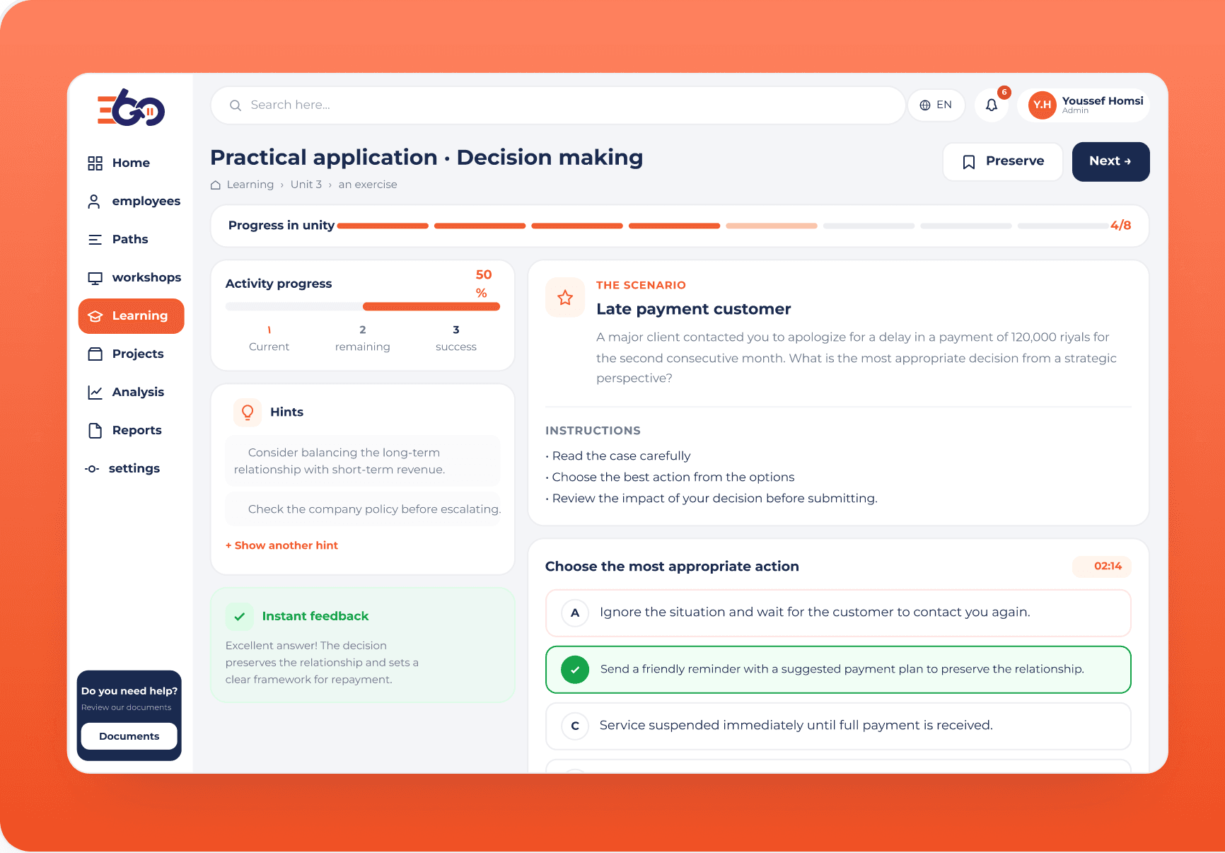 Applied learning decision-making screen with practical exercise and case study