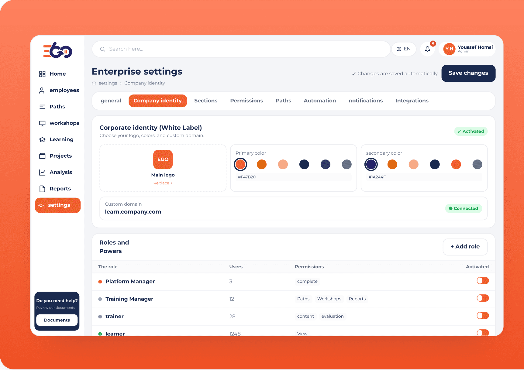Enterprise settings screen for customizing tracks, departments and team structure
