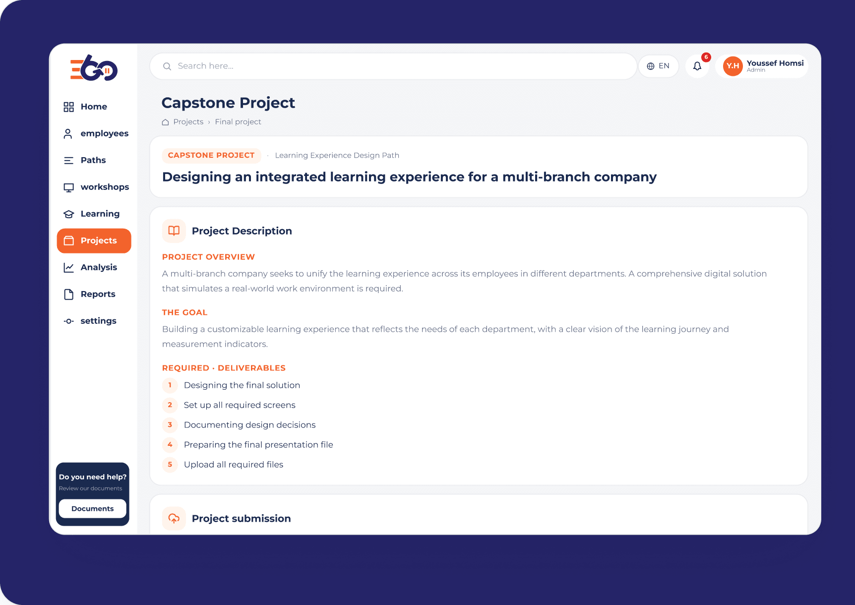 Capstone project screen for an integrated learning experience with a multi-branch scenario