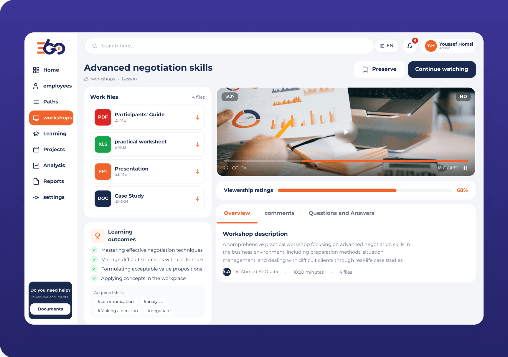 Advanced negotiation skills workshop screen with work files, video player and learning outcomes
